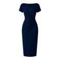 thumbnail image 7 of ClodeEU Women's Boat Neck Short Sleeve Side Ruched Waist Midi Bodycon Pencil Dress,Elegant Office Wedding Guest Sheath Dress Blue,Women's Plus M, 7 of 7