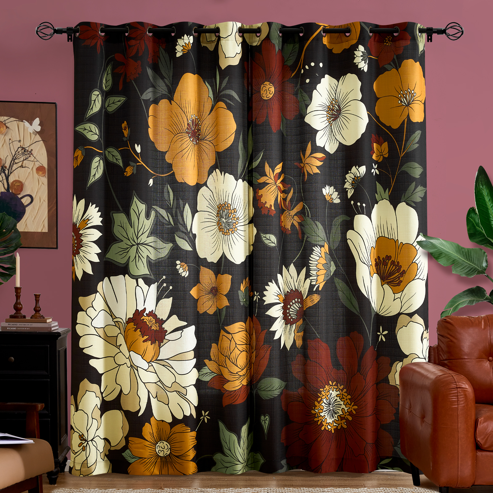 Curtainking Boho Floral Curtains for Bedroom Black Farmhouse Drapes for Living Room Vintage Flower Printed Curtains 2 Panel Set with Grommet Top 52 Inch Wide x 84 Inch Long