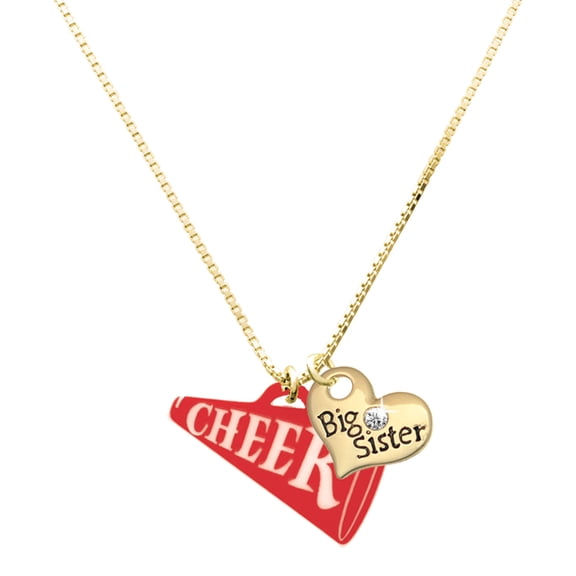 Delight Jewelry Acrylic Large Red Cheer Megaphone - Large Goldtone Big Sister Heart Charm Necklace, 17.5" 2" Extender