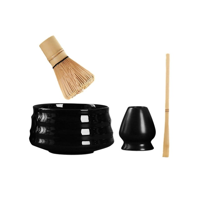 Set de utensilios para preparar té Matcha, batidor de bambú y soporte de cerámica negro brillante