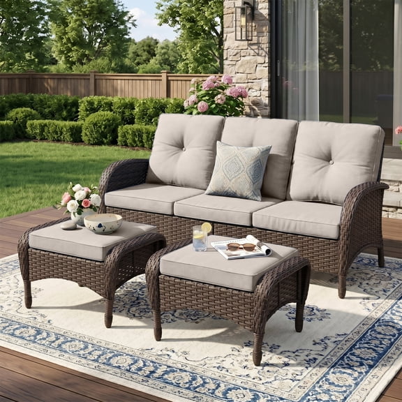 Unnifurnzi Outdoor Patio Furniture-All Weather Outdoor Wicker Sofa with Outdoor Ottoman 3 Seater Rattan Couch with Deep Seat for Deck Lawn Porch Balcony Poolside-Brown/Beige