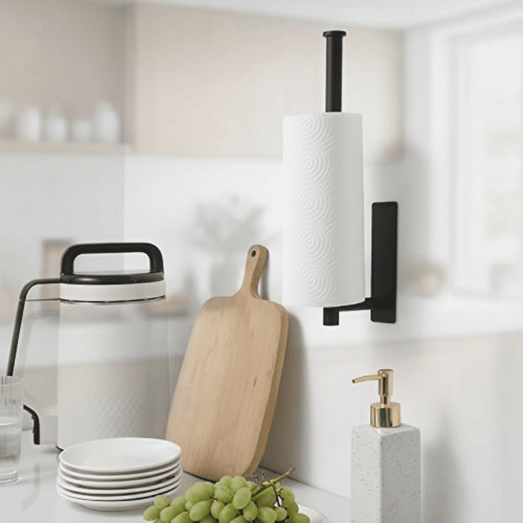 Under Cabinet Paper Towel Holder for Kitchen and Bathroom, Wall Mounted Adhesive Paper Towel Rack with Matte Black Finish, Made of Durable SUS304 Stainless Steel