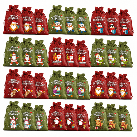 36 Pcs Christmas Burlap Gift Bags, Green & Red Small Linen Drawstring Bags with Festive Designs, Reusable Holiday Treat Bags for Candy, Cookies, Party Favors, Christmas Decorations and Gift Wrapping