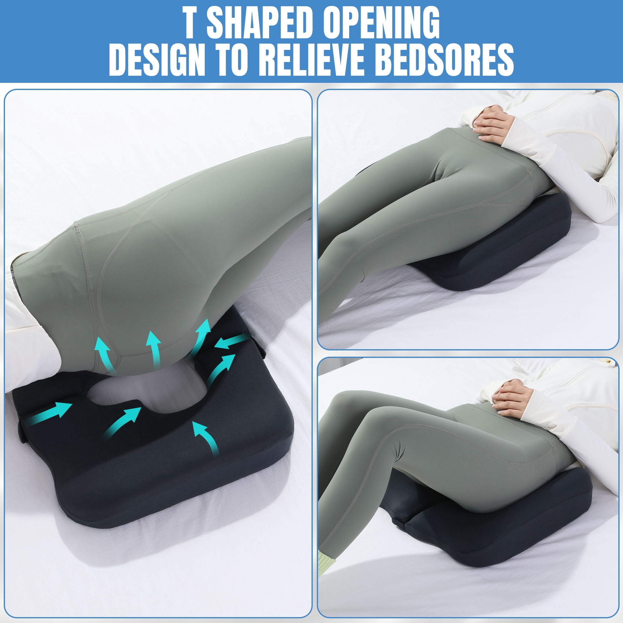 HOMBYS Memory Foam Bed Sore Cushions for Butt, Bedsore Pressure Relief Pillow for Sleeping and Sitting,Cushion for Bed Sores on Buttocks, T Shaped Opening Tailbone Pillow (Dark Grey)