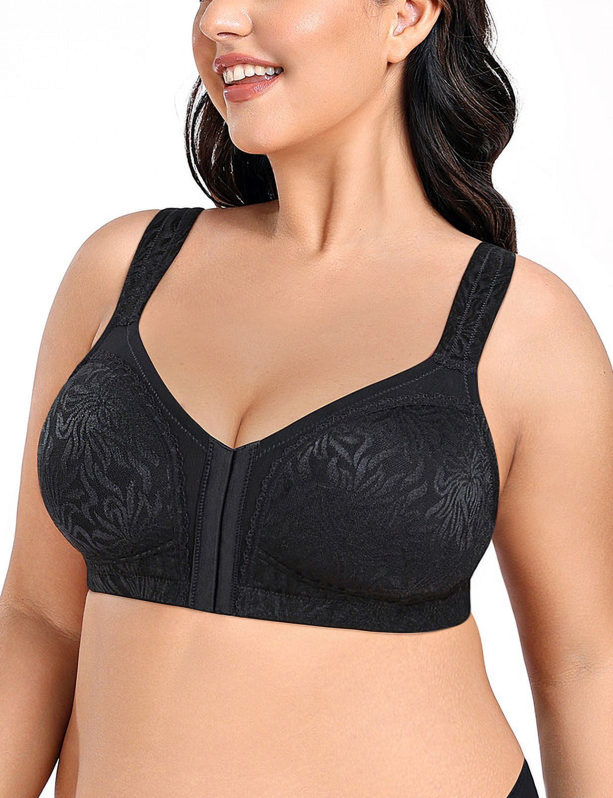 WingsLove Front Fastening Bras for Women Minimizer Wireless Non Padded Full Coverage Back Support Plus Size Bras (Black,42C)
