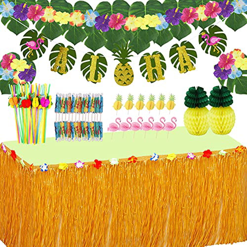112 Pcs 7 Style Tropical Hawaiian Party Decorations Set Luau Party Supplies Decor with Paper Pineapples,Hawaiian Garland Banner,Palm Leaves Paper Umbrellas and Fruit Drinking Set Hawaiian Flowers