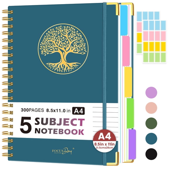 FOCUS DAY 5 Subject Notebook College Ruled, A4 Large Lined Journal with Removable Dividers Tabs, 300 Pages 100GSM Thick Paper, Inner Pocket, 8.5" x 11", Hardcover Spiral Notebook for Office Home