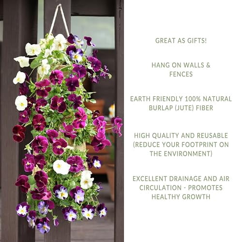 HANG & GROW Burlap Hanging Planter Bags for Outdoor Plants, Vertical Flower Hanging Bag for Easy Outside Garden Decoration, Reusable for Flowers, Strawberry, Vegetables and Herbs, (2 Bags, 8 Holes)