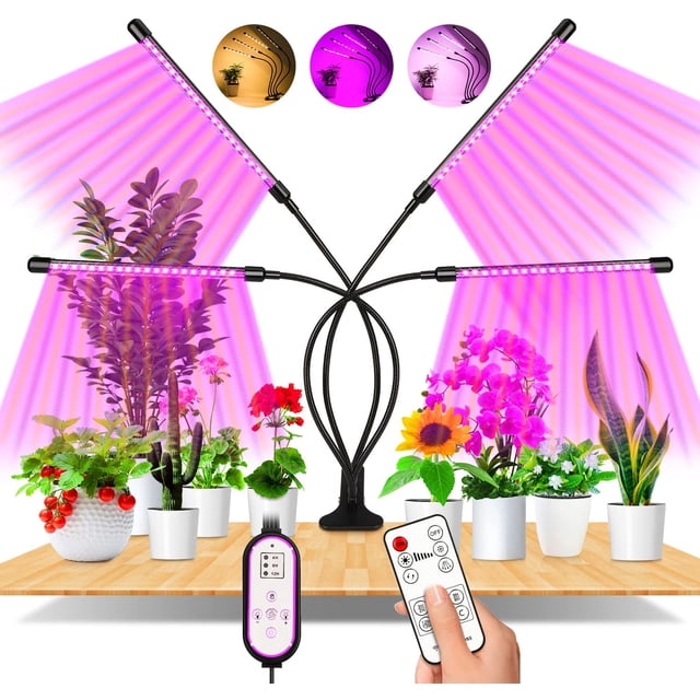 Lámpara para plantas, 80 LED, luz de crecimiento de 360°, iluminación hortícola con 4 cabezales, luz de crecimiento de plantas de espectro completo con temporizador automático - ENCENDIDO/APAGADO 4H/8