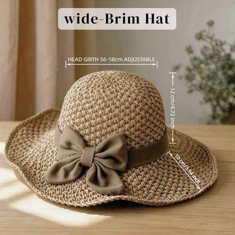 Woven Straw Sun Hat with Bow, Wide Brim Foldable Crochet Beach Hat, Breathable Womens Sun Straw Hat Vacation Hats for Women Summer Cap with  main image 2
