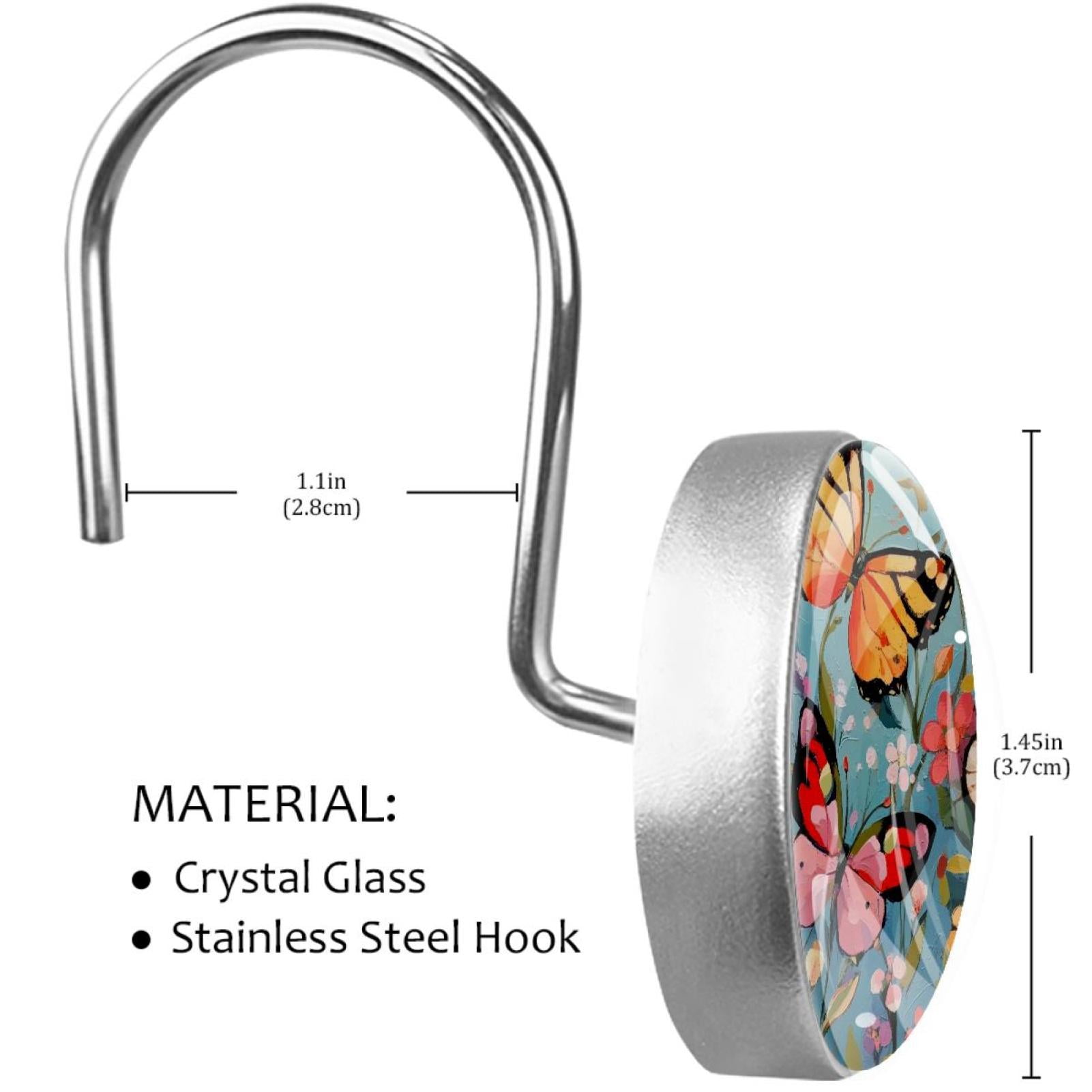 Wildflowers Butterfly Painting Shower Curtain Hooks Round Crystal Glass, Set of 12 Shower Curtain Rings - Shower Hooks for Curtain Shower Rings