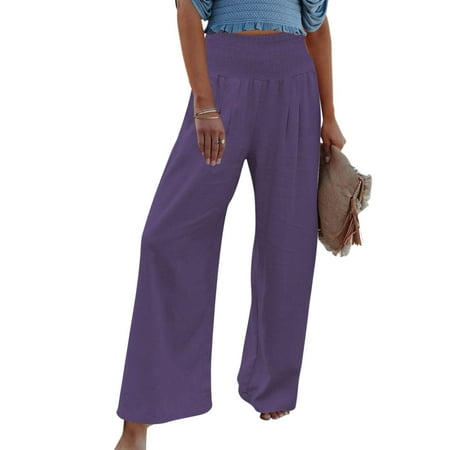 

Tangnade High Waist Wide Leg Palazzo Lounge Pants For Women Smocked Elastic Waist Loose Comfy Casual Pajama Pants Pockets