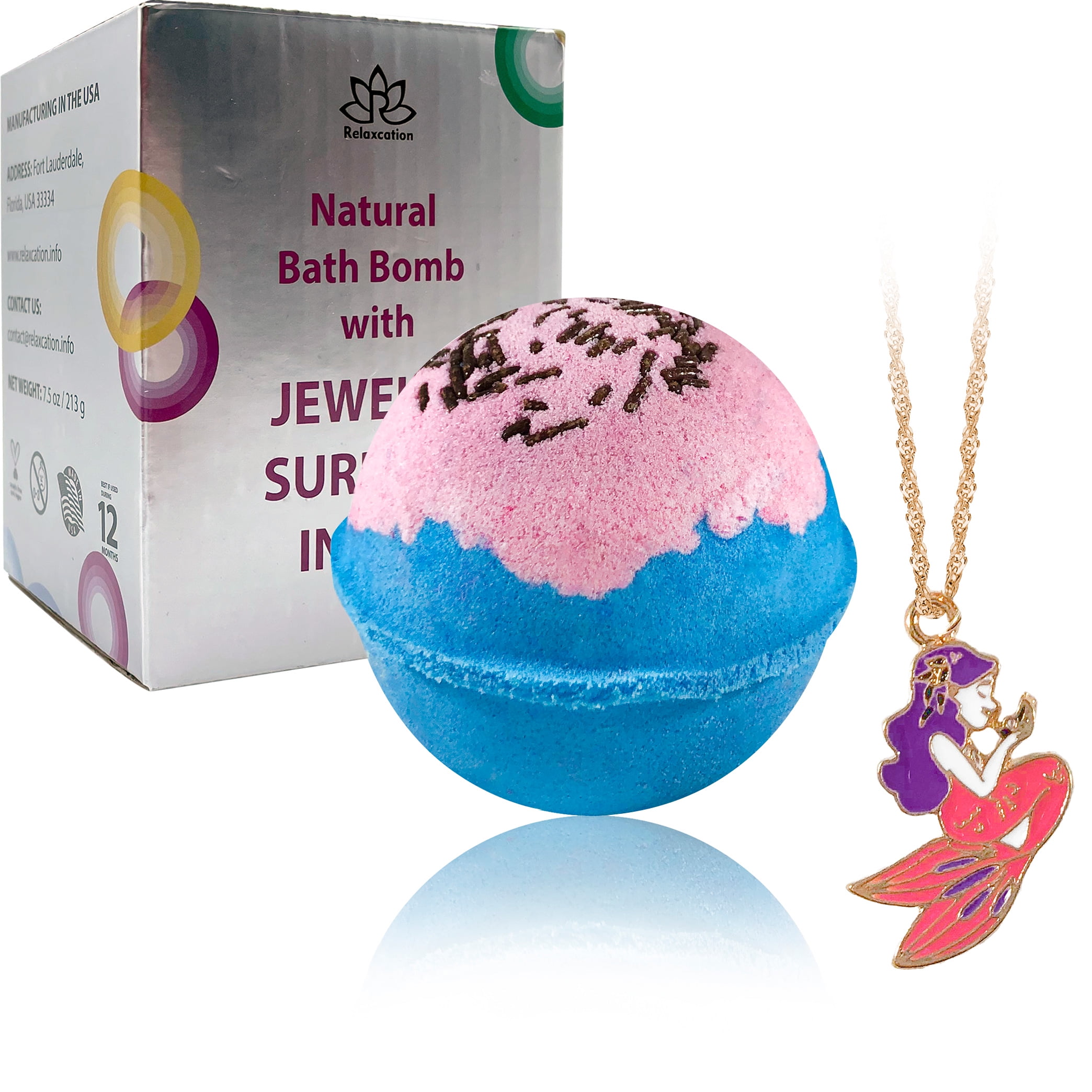 Bath Bombs with Necklace Mermaid Inside - Extra Large Bath Ball (8 oz) in Giftable Box, 100% Natural Ingredients for Sensitive Skin Gift For Girl (Mermaid Night)