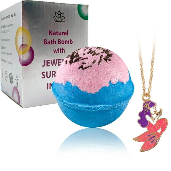 Big Bath Bomb with Jewelry Surprise Mermaid Necklace Inside Handmade in USA Natural and Safe for Sensitive Skin by Relaxcation 8 oz