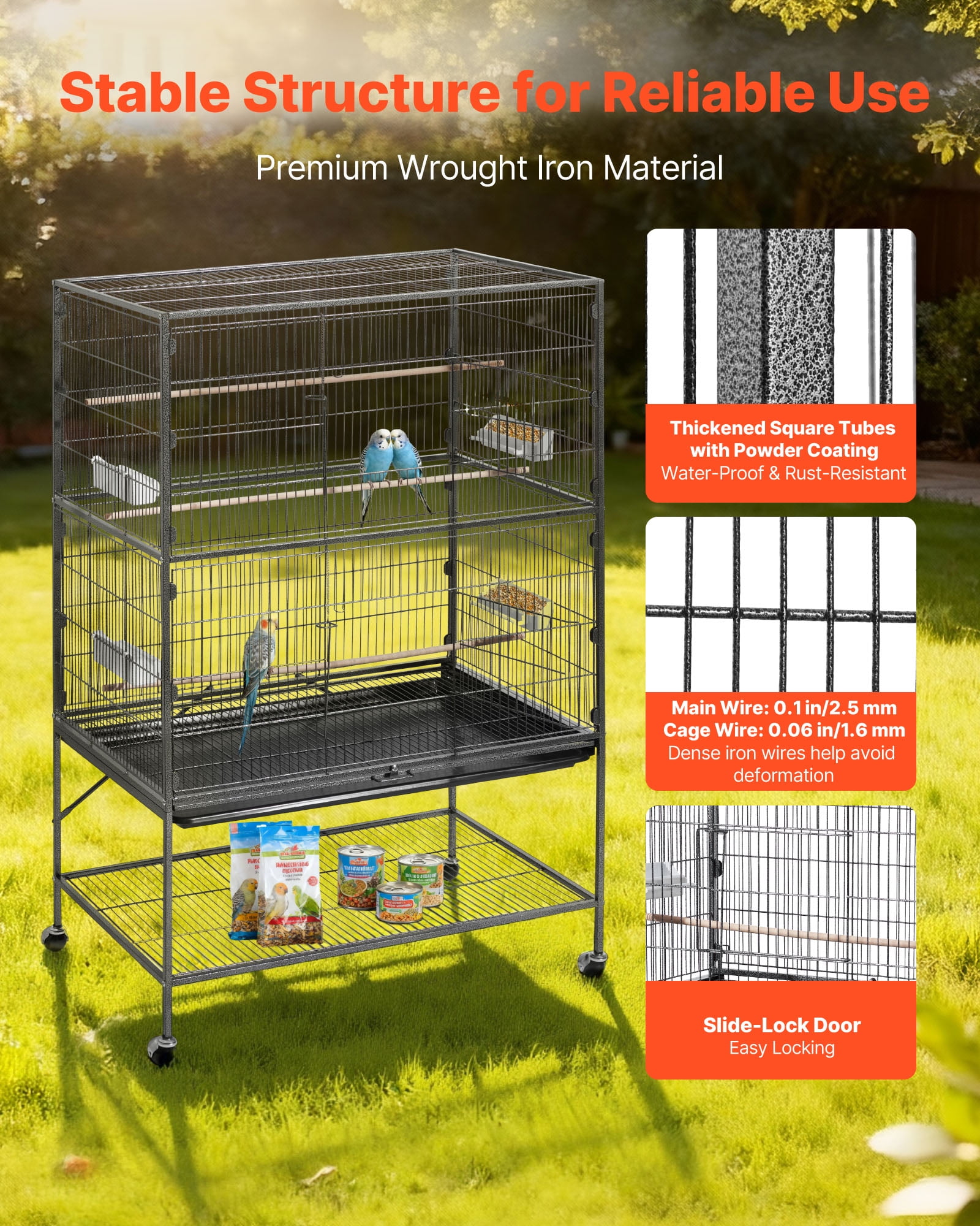 VEVOR Bird Cage, 36.6 x 22.8 x 59.5 inch, Flat Top, Wrought Iron Bird Flight Cage with Perches, Slide-Out Tray and Plastic Feeders, for Blue Tit, Cockatiel, Canary, Monk Parakeet, African Grey Parrot