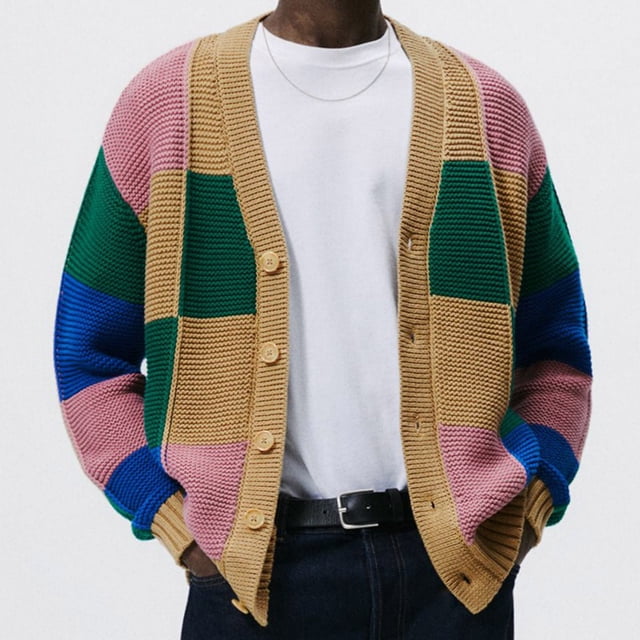 RKSTN Chandail pour Hommes Mode Automne Homme Hiver Manches Longues Bouton Fermeture Design Contrasté Cardigan Décontracté Ample