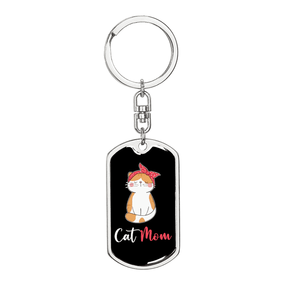Cute Cat Mom Stainless Steel or 18k Gold Premium Swivel Dog Tag Keychain