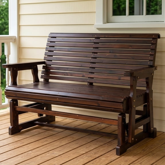 Fortune Candy Outdoor Wood Glider with High Back and Cup Holders, Heavy Duty 800 lbs, Deep Brown