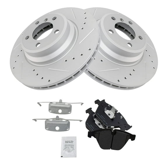 TRQ Front Performance Brake Pad & Rotor Kit Brake Pads Brake Rotors Set Semi-Metallic Premium G-Coated Fits Select 2002-2005 BMW 745i 745Li 2006-2008 750i 750Li 2004-2006 760i 2003-2008 760Li