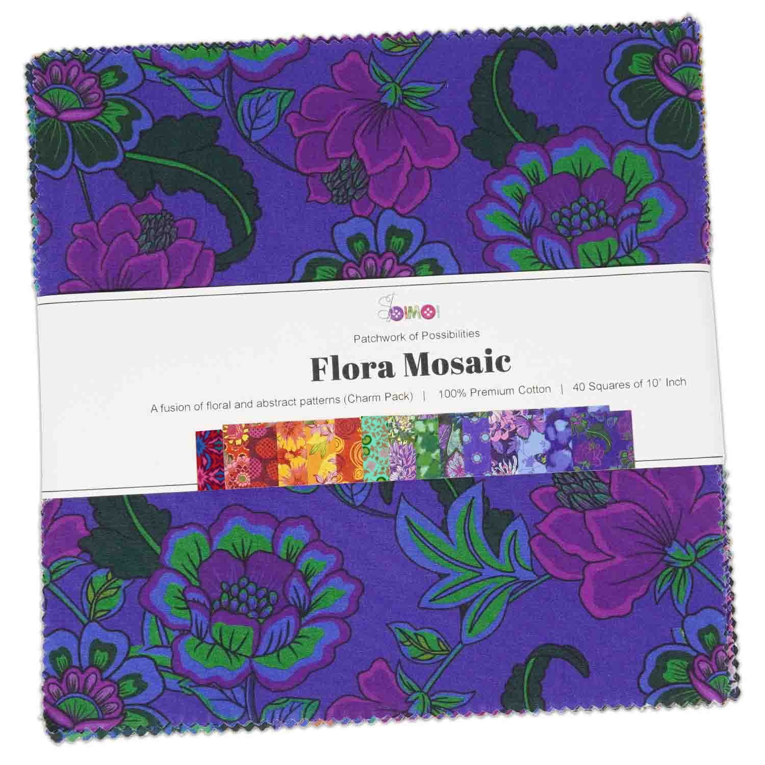 Soimoi 40 Pcs Cotton Fabric Squares Bundles Charm Packs for Quilting, Fat Quarter Layer Cakes, Fabric Scraps for Crafts,Precuts Quilt Squares 10 x 10 inches, DIY Fabric Bundle - Flora Mosaic