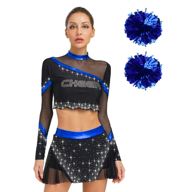 Moggemol Ensemble de 3 Pcs Tenues de Cheerleading pour Femmes Uniforme de Cheerleading Scolaire Bleu Royal P