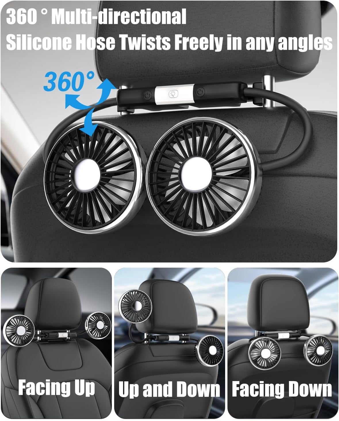 Dual Head Car Fan with Lights, USB Car Rear Seat Ventilation Fan, 3 Speeds and 360 Degree Rotatable Cooling Car Fans for Vehicles RV SUV Truck