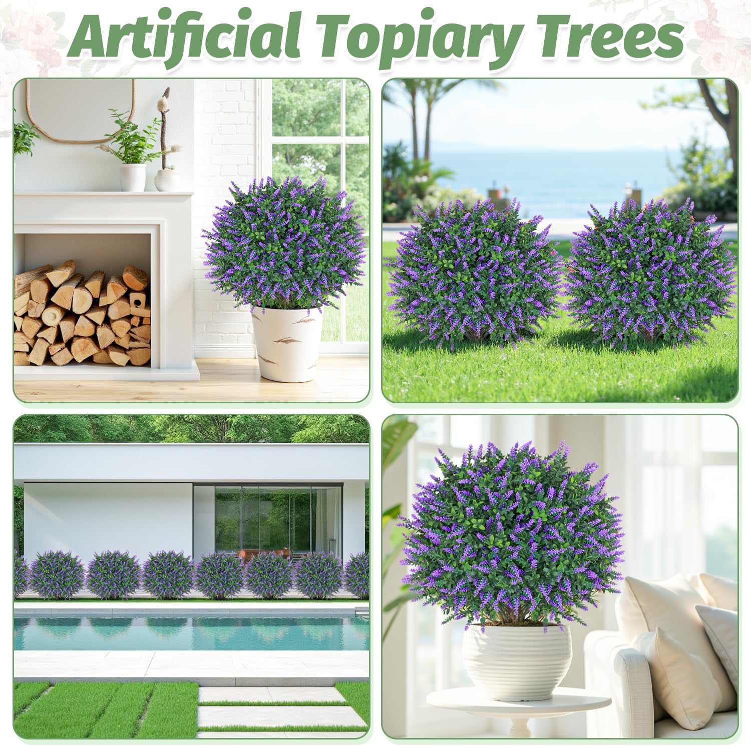 Artificial Lavender Topiary Ball Trees with Ground Spikes 2 Pack 25.5 Inches  Artificial Shrubs Fake Evergreen Artificial Plant Brushes for Home Front Porch Garden Decorations