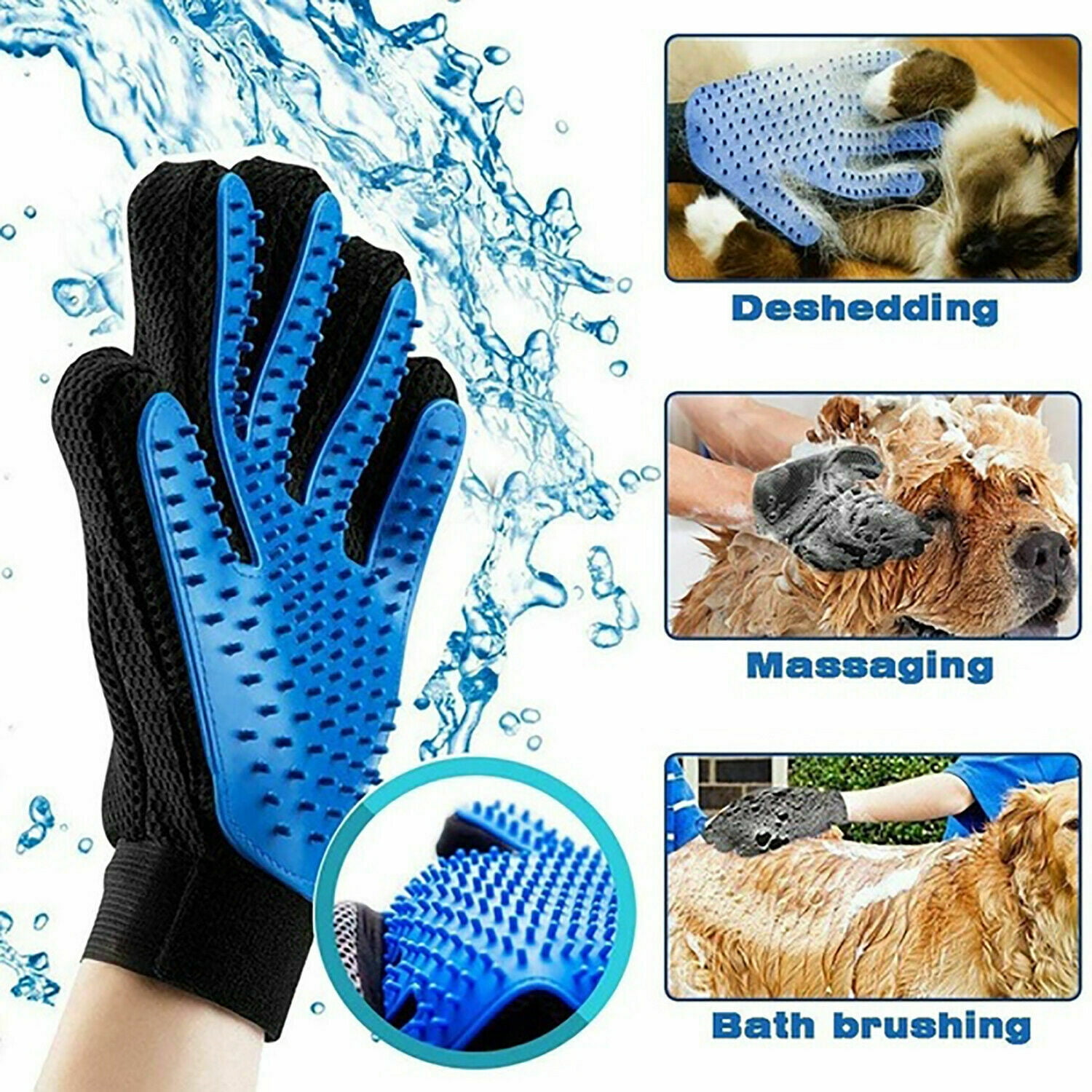 Pet Glove Grooming and Massage Tool Bathing Brush Comb 2 in 1