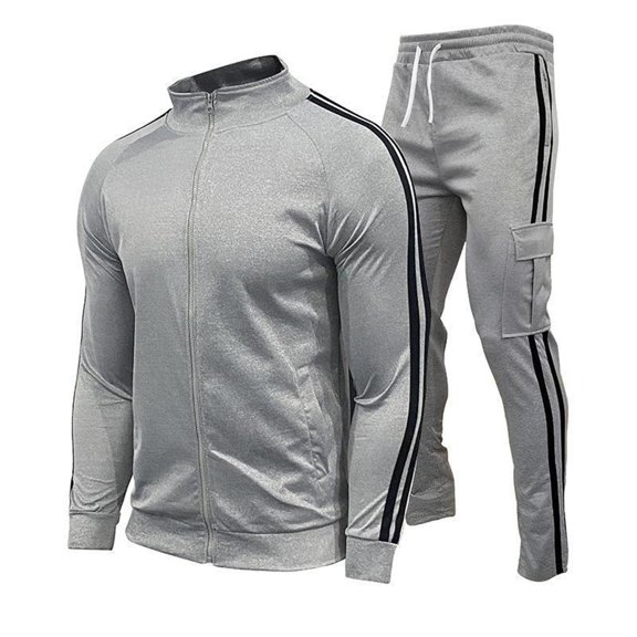 JUUNthy Men's Sweatsuit Set 2 Piece, Zip Up Jacket with Striped Cargo Sweatpants Casual Athletic Tracksuit Outfit for Sports Daily Wear Gray M