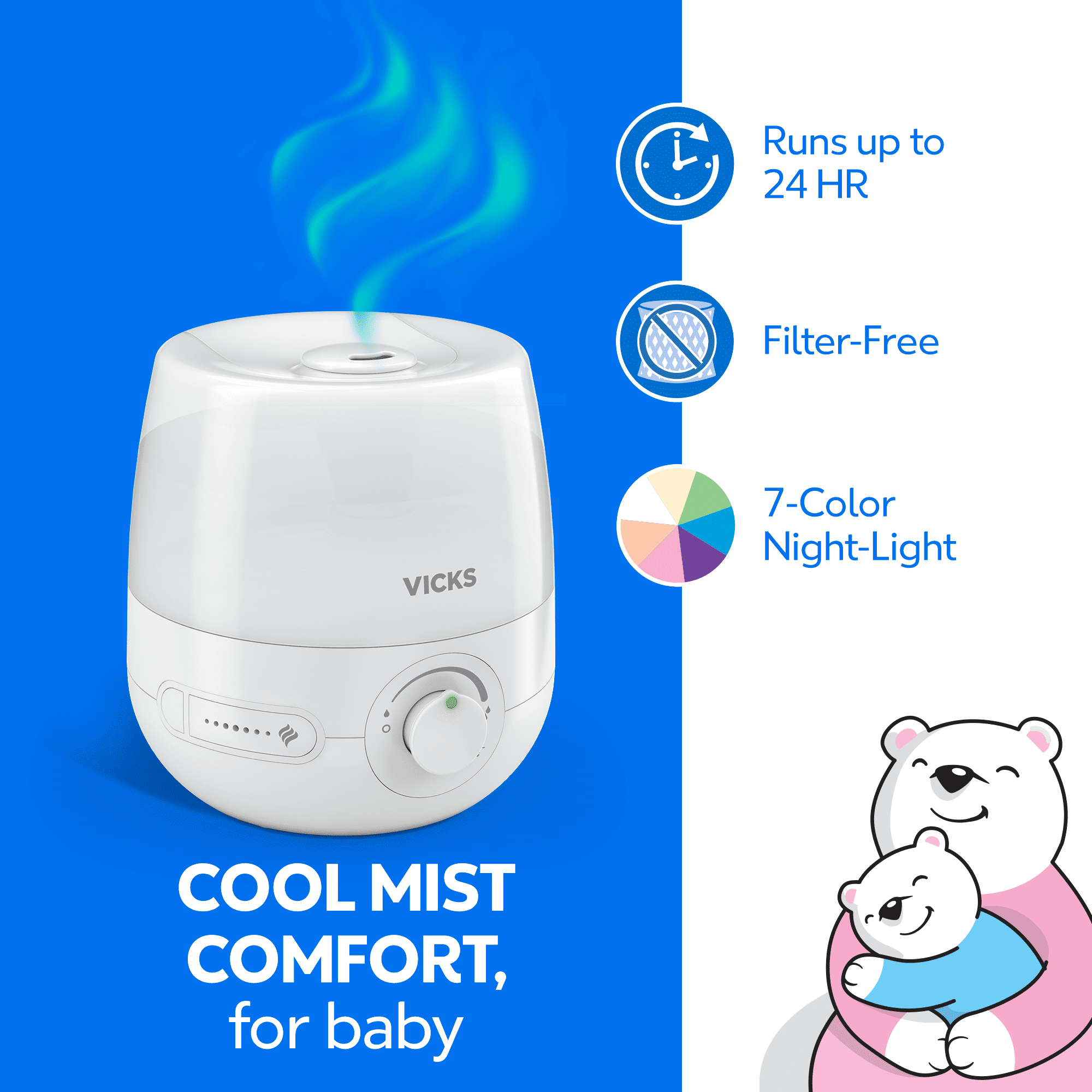 Vicks Baby 0.6 gal Cool Mist Humidifier, Color Changing Night Light & 1 Bonus VapoPad, 200 sq ft