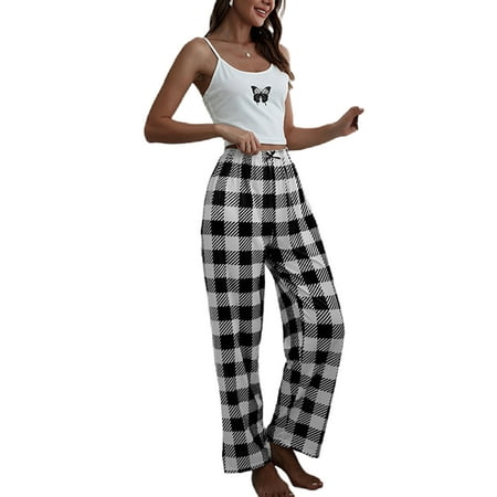 

Niuer Ladies Casual Cami And Pant Home Clothes Women Scoop Neck Pajamas Set Sleeveless Homewear Plaid Loose Pjs