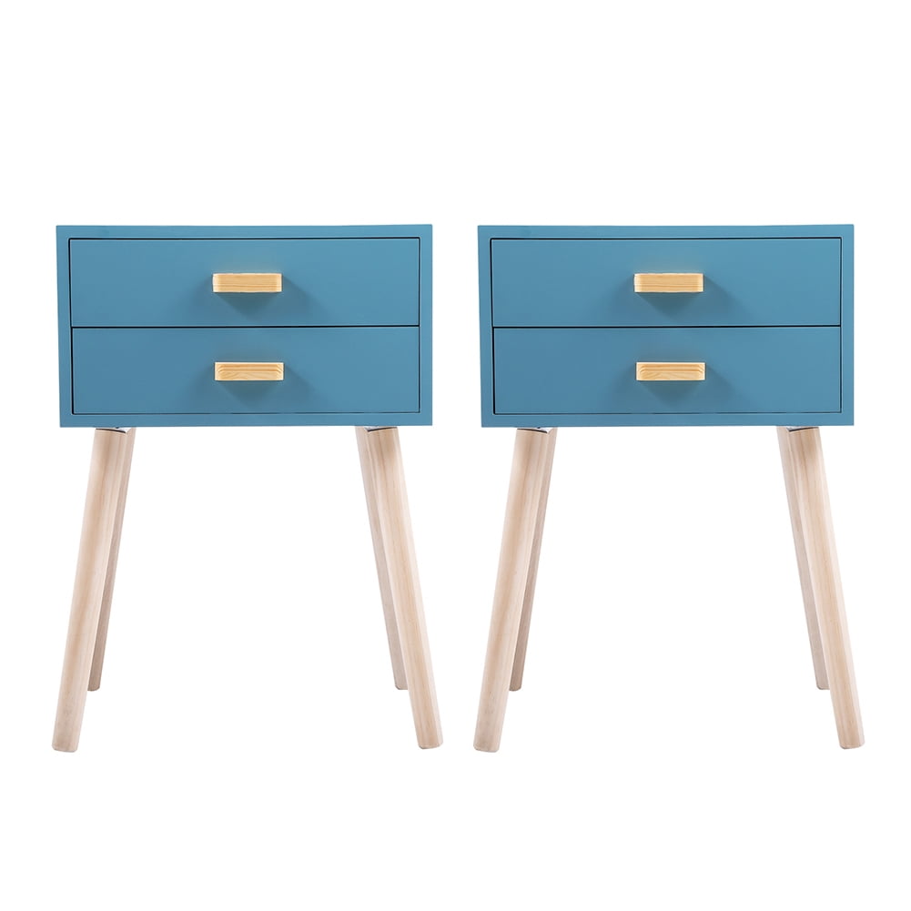 Kadyn Mid-Century Side Table, 2-Drawer Nightstand, Accent or End Table with Storage, Wood, Blue-2PCS