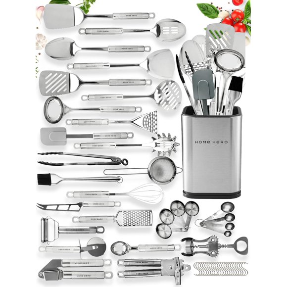 Home Hero 54-Piece Stainless Steel Kitchen Utensils Set - Heat-Resistant Nonstick Silicone & Stainless Steel Cooking Utensils - Complete Tools with S