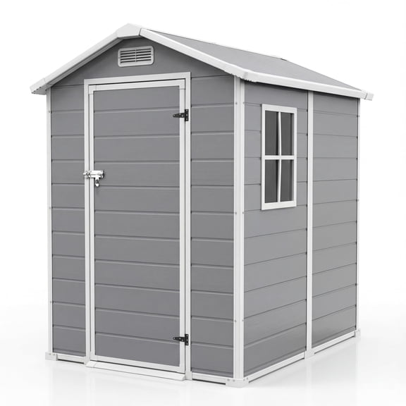 4x6 ft Plastic Outdoor Storage Shed with Floor & Window - Resin Garden Shed with Lockable Door, 2 Vents & Sloped Roof for Backyard, Patio, Lawn Mower & Bike Storage