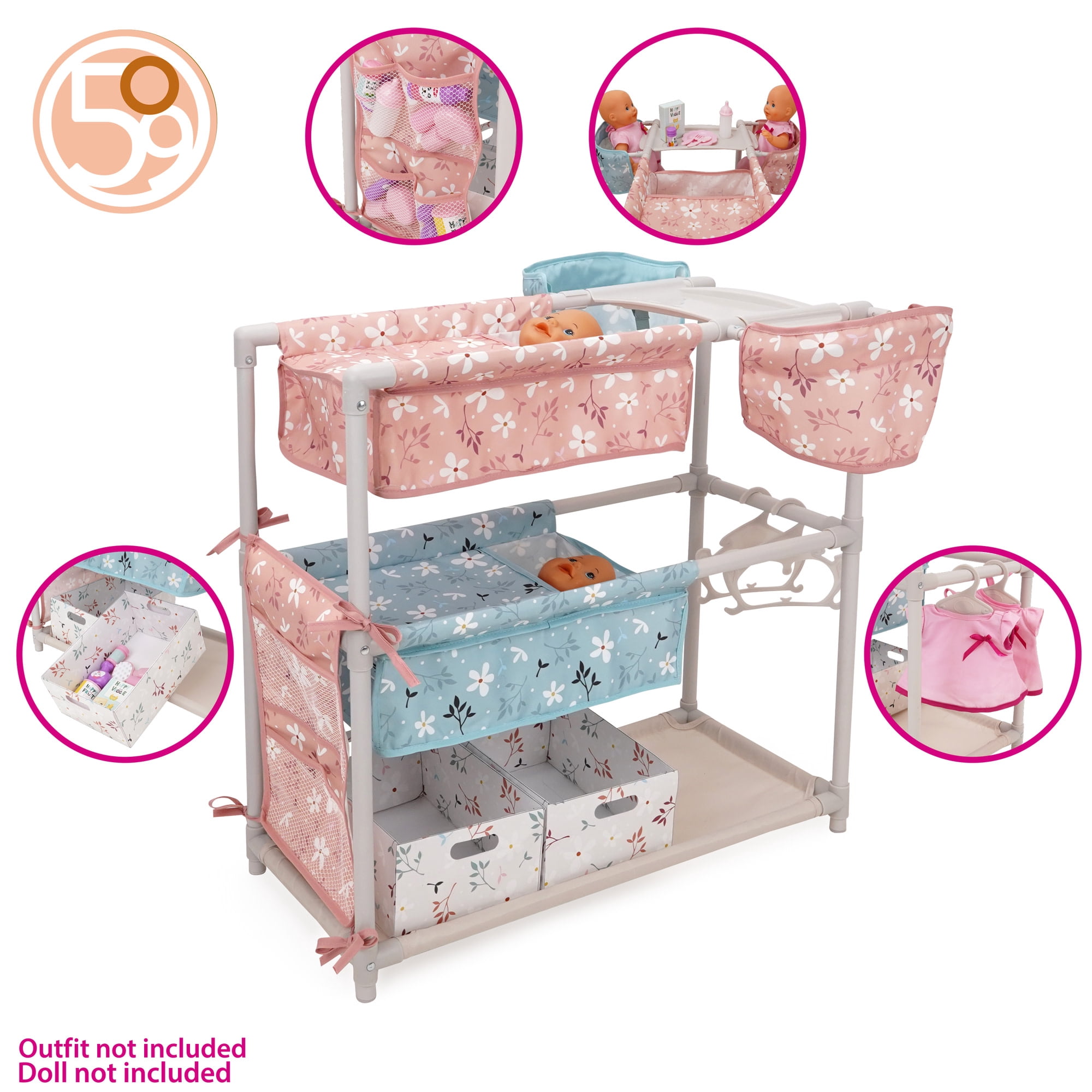 509 Crew: Springtime - Twin Center & Accessories Set - Pink-Blue-Flowers, Bunk Bed Highchair Station, 15 Feeding-Grooming Accessory Toys, Kids 3+