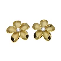 925 sterling silver yellow gold plated Hawaiian plumeria flower earrings post stud cz 15mm