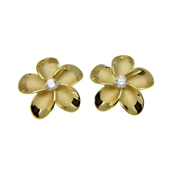 925 sterling silver yellow gold plated Hawaiian plumeria flower earrings post stud cz 15mm