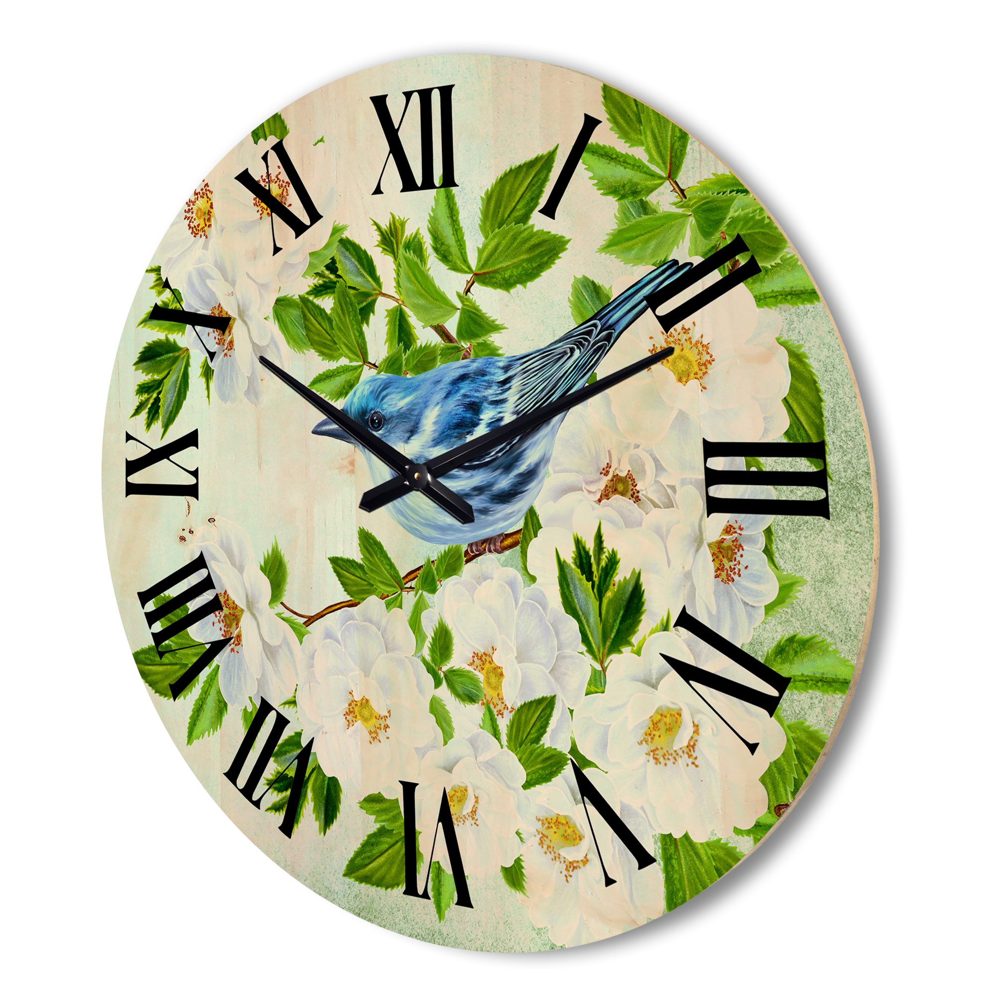 Designart 'Little Blue Bird Sitting On A Branch of White Rose Plant' Traditional Wood Wall Clock