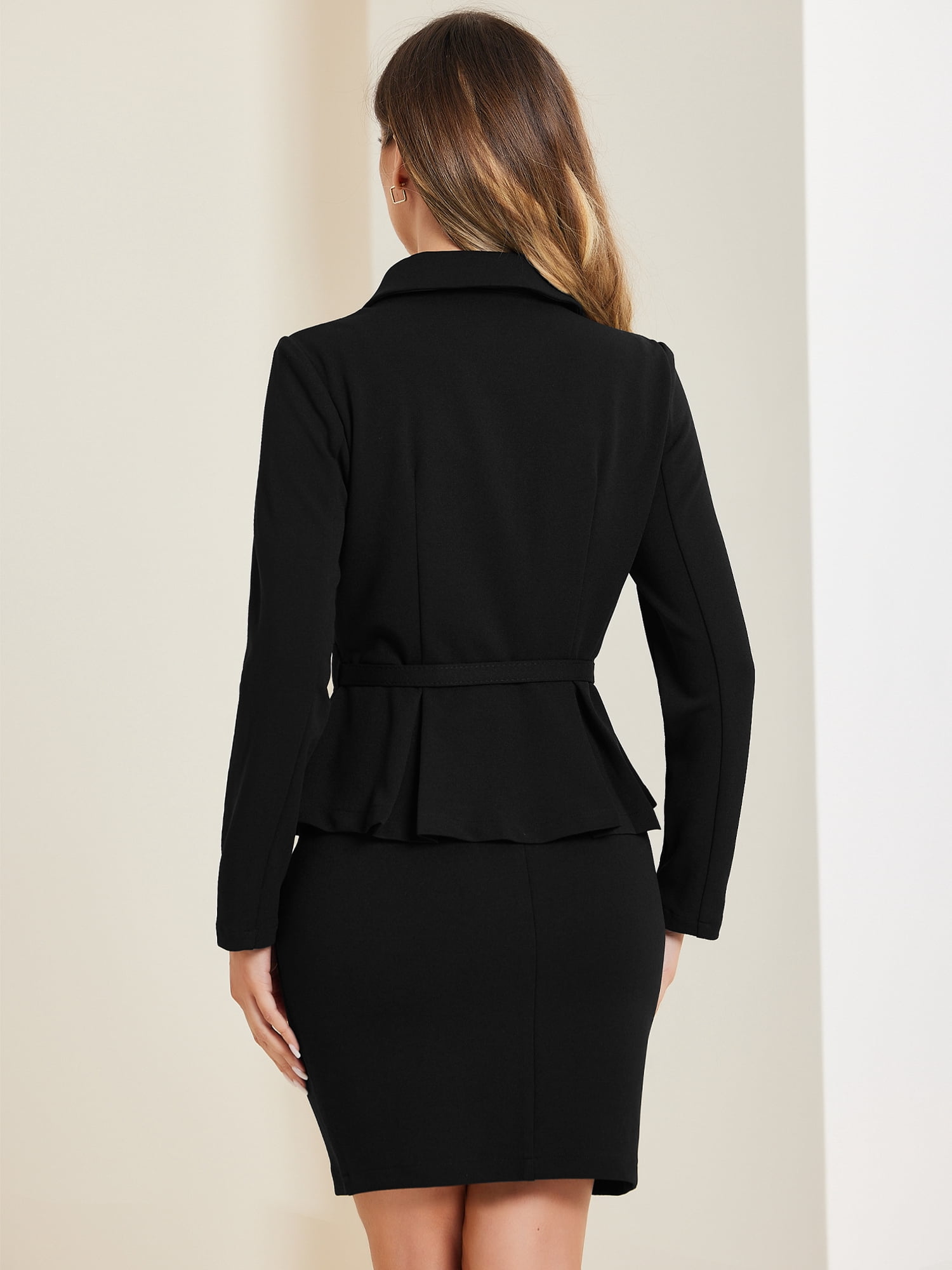 DARING DIVA 2Pcs Women's Business Peplum Blazer Jacket Mini Pencil Skirt Set M Black