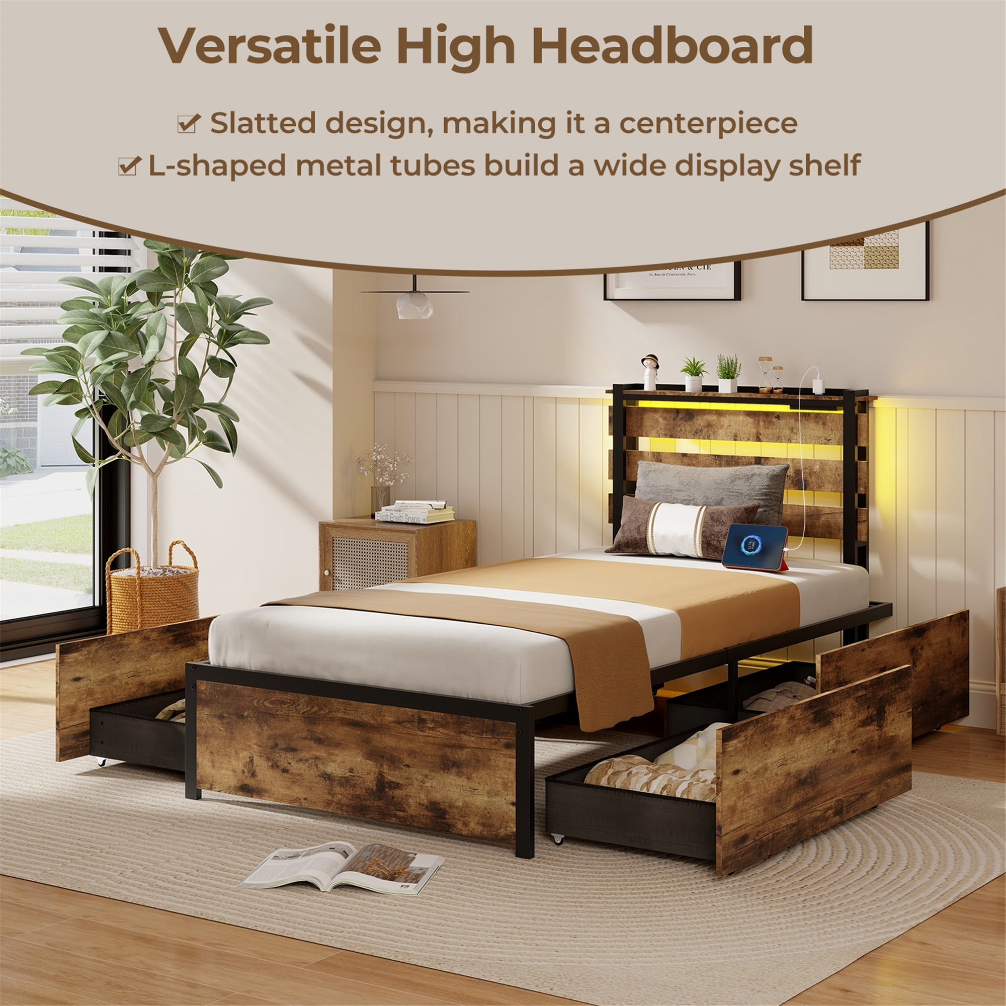 Gymax Twin Size Bed Frame w/ Drawers LED Lights Outlets & USB Ports Smart APP Control