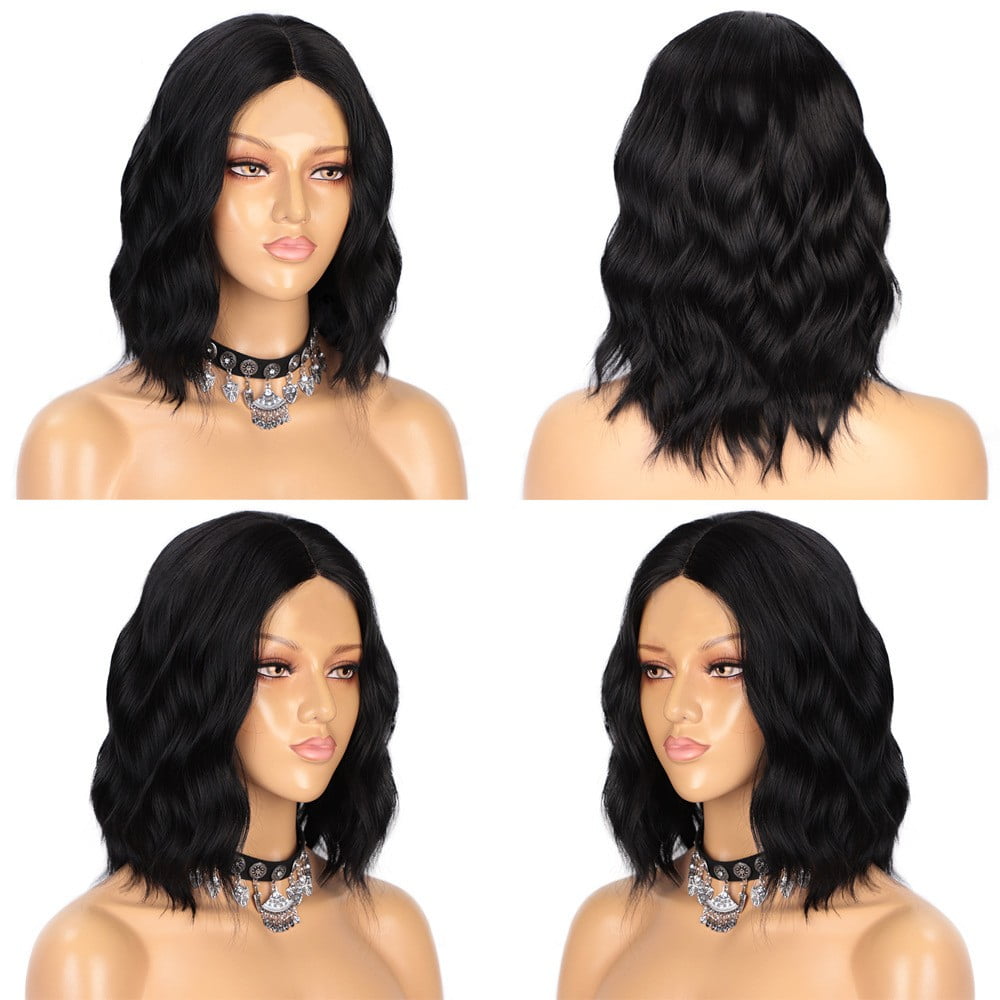 DOPI Natural Wave Brazilian Human Hair Short Curly Wavy Wigs (Black 14inch )