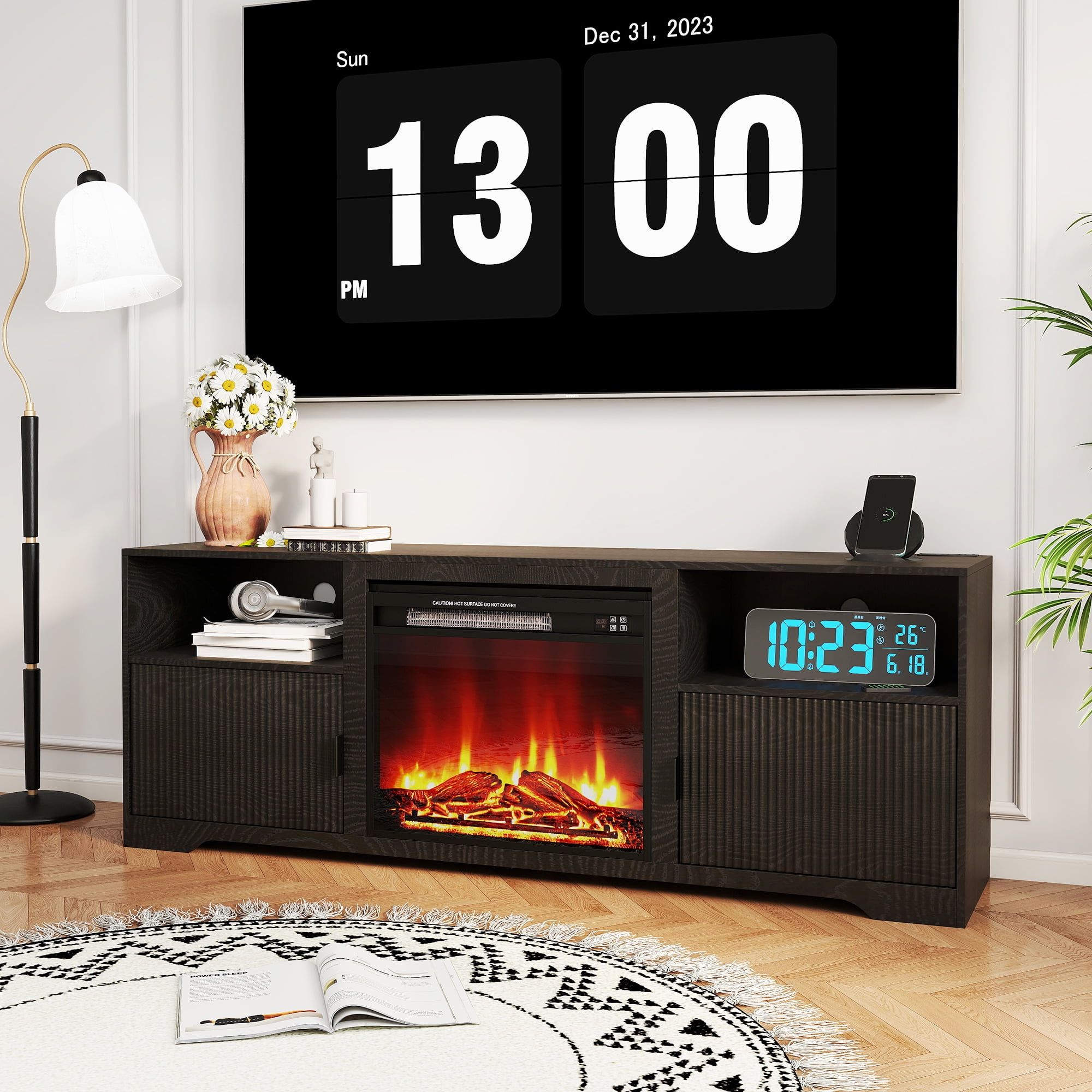 LUCKYELF Fireplace TV Stand, Entertainment Center for TVs up to 80", Wood Media Console for Living Room, Bedroom, Black