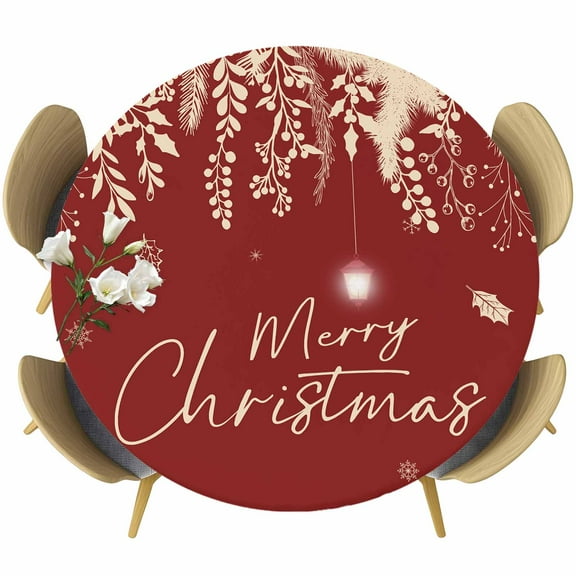 Red Christmas Round Tablecloth 55-60 Inch Round Fitted Table Cloth with Elastic Edge, Botanical Snowflake Xmas Vintage Waterproof Table Cover Protector for Outdoor Picnic Party Dining