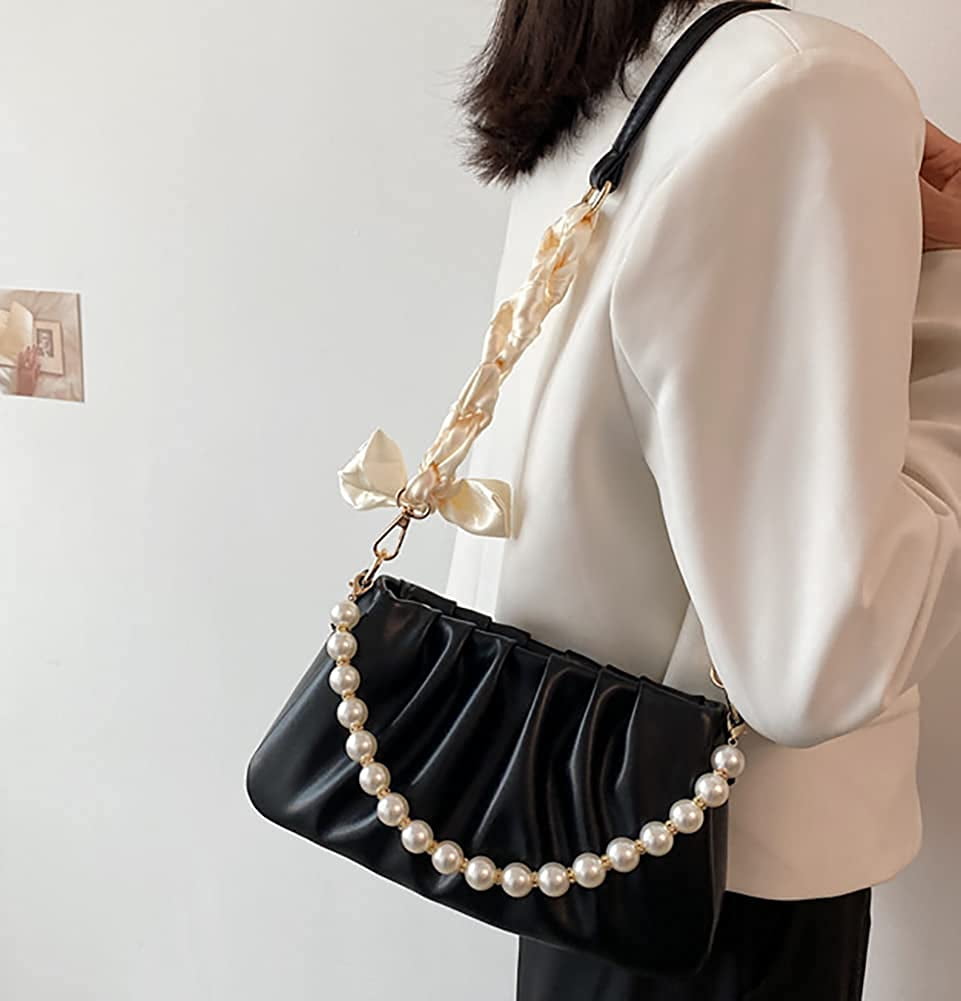 Pikadingnis Shoulder Bag for Women Small Pearl Crossbody Bag Fashion Pleated Cloud Bag, Adult Unisex, Size: One size, Black
