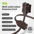 thumbnail image 2 of KitchenK 9ft Indoor Extension Cord, 2 Pack, 3-Outlet Polarized Flat Cable, Household Power Cord for Home, Office, and Holiday Decorations, Brown, 2 of 8