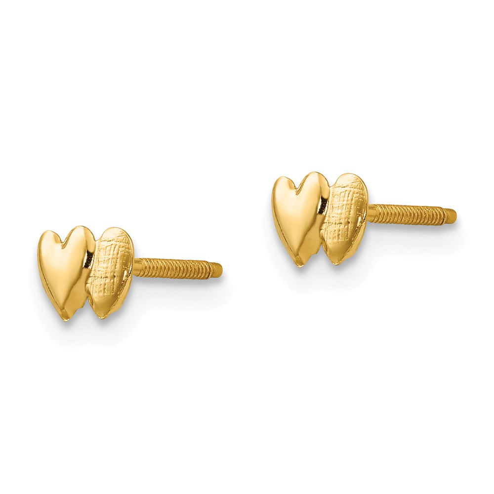 Solid 14k Yellow Gold Double Heart Button Post Studs Earrings - 4mm x 6mm