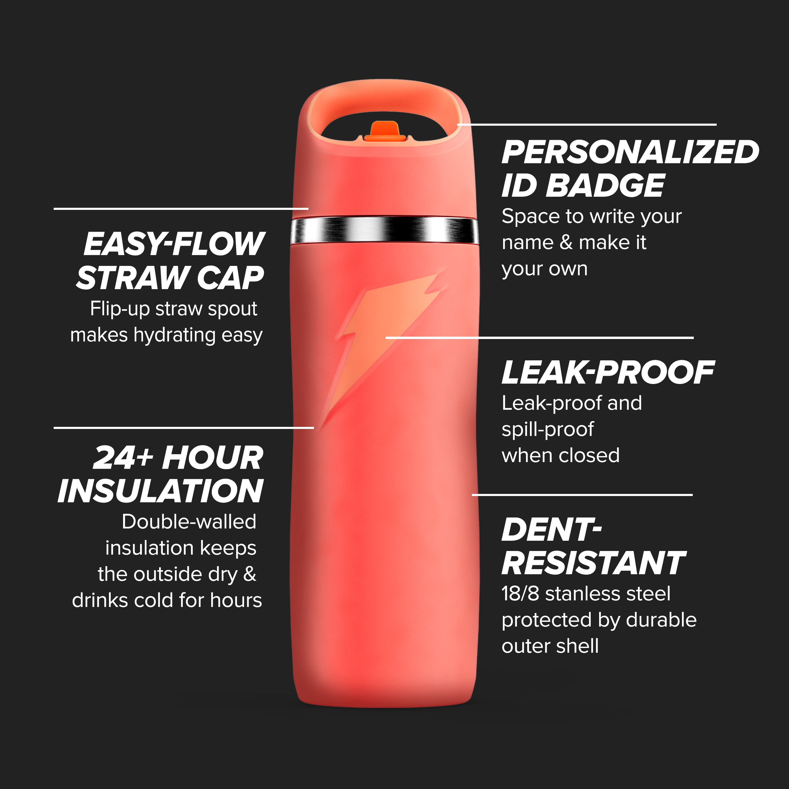Gatorade 'Overtime' 22oz Stainless Steel Water Bottle, Straw Cap, Coral