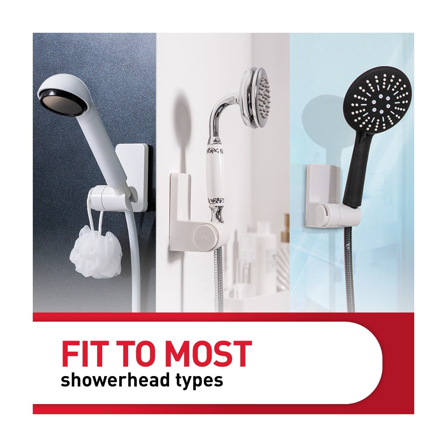 Command Bath Shower Head Holder, White, 1 Holder, 2 Large Strips, Bathroom Organization, Holds 4 lbs