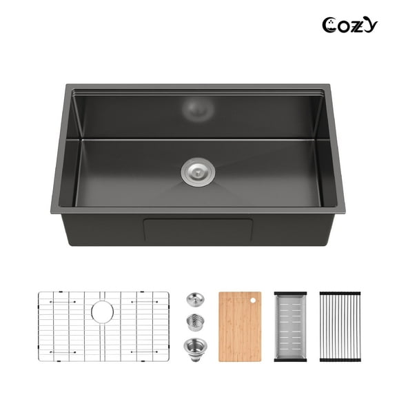 33″x19″ Stainless Steel Single Bowl Undermount Kitchen Sink in Black, with Board, Colander & Grid, 1 Pc – SS-BL-09