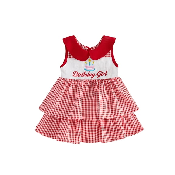 BemeyourBBs Toddler Baby Girls Birthday Dress Outfit 1 2 3 4 Years Birthday Clothes Sleeveless Doll Collar Embroidery Letters Plaid Gingham Dress Summer Princess Party Ruffle Dresses